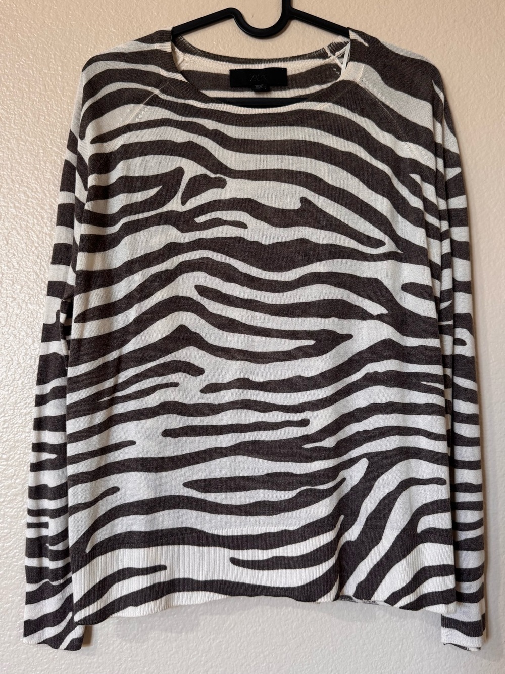 Zara Fine Knit Zebra Print Crew Neck Sweater Brown Cream Small